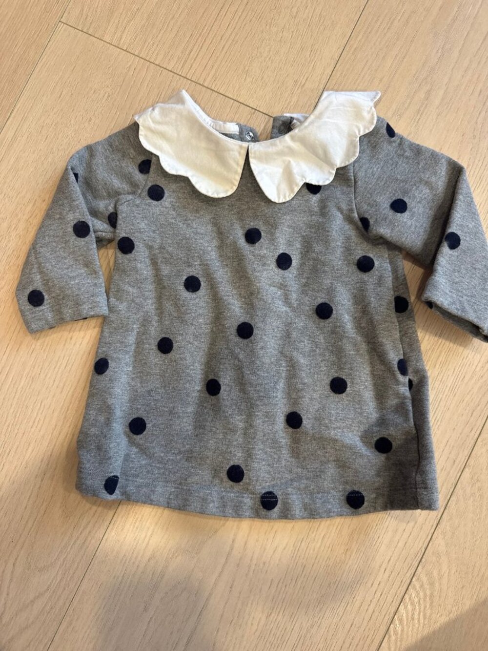 Jacadi Polkadot Dress 6M Navy and Gray